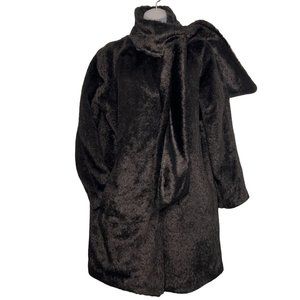 Martha Stewart Black Faux Fur Car Coat Long Jacket Scarf Mod Style Sz XS